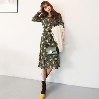 Long-collar Floral Pattern Midi Dress