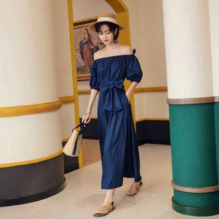 Off-shoulder Bow Plain Dress