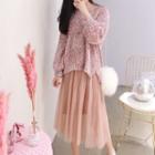 Set: Cable Knit Sweater + Sleeveless Sheer Panel Midi Dress