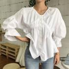 V-neck Puff-sleeve Blouse / Cropped Skinny Jeans