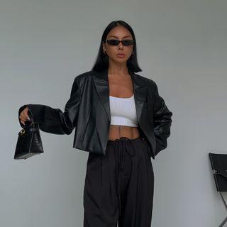 Faux Leather Oversize Cropped Blazer Black - One Size