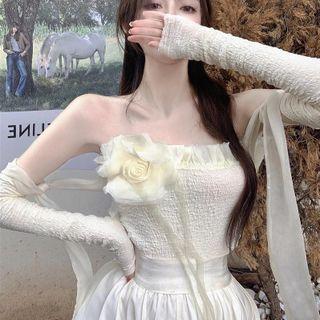 Set: Halter-neck Floral Shirred Top + Arm Sleeves Beige - One Size
