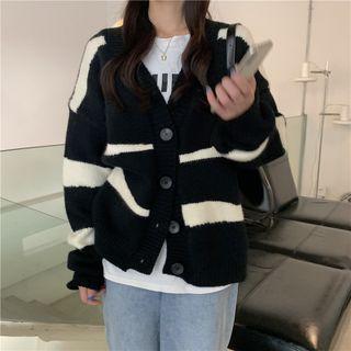 Long-sleeve Striped Knit Cardigan Stripes - Black & White - One Size
