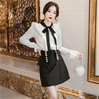 Set: Tie Neck Blouse + A-line Skirt