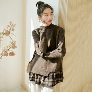 Plaid Panel Mock-neck Sweater