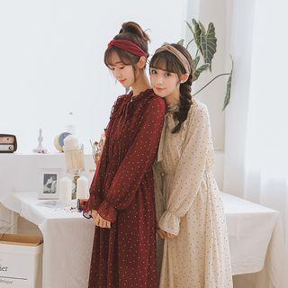 Frilled Trim Dotted Long-sleeve Midi A-line Dress