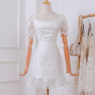 Faux Pearl Short-sleeve Ruffle Hem Mini Sheath Dress