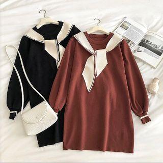 Color-block Cape Panel Crewneck Long-sleeve Dress