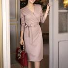Long-sleeve V-neck Midi Sheath Dress