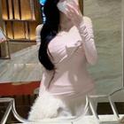 Long-sleeve Off-shoulder T-shirt Nude Pink - One Size
