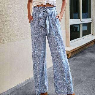 Lace Up Leopard / Floral Print Wide Leg Pants