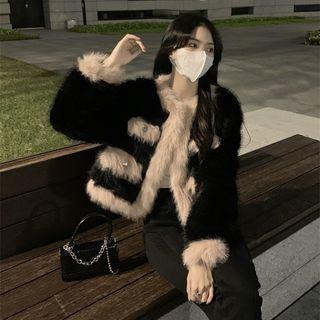 Contrast Trim Fluffy Jacket Beige Trim - Black - One Size