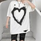Heart Print Distressed T-shirt
