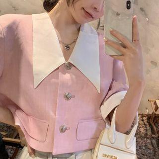 Elbow-sleeve Collar Button-up Blouse