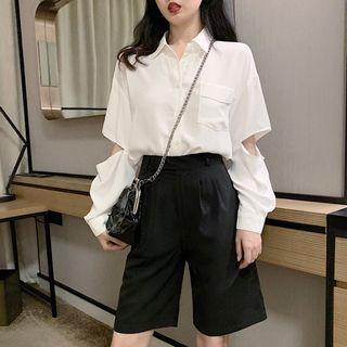 Long-sleeve Cutout Shirt / Wide Leg Shorts