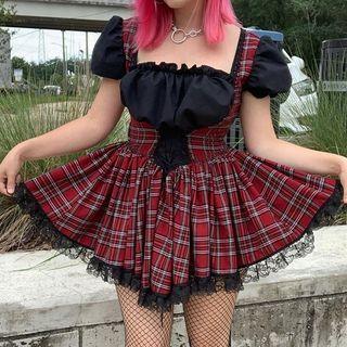 Mock Two-piece Puff-sleeve Plaid Dress
