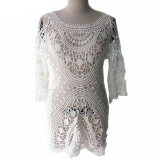 Crochet 3/4 Sleeve Open Back Cover-up