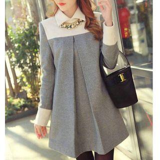 Pleated Panel Long-sleeve Collared Dress