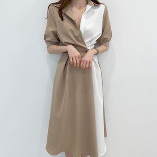 Elbow Sleeve Color Block Shirt Dress