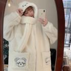 Bear Embroidered Fleece Zip-up Hooded Jacket