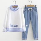 Mock Two-piece Striped Paneled Letter Sweatshirt / Embroidered Ripped Jeans / Set