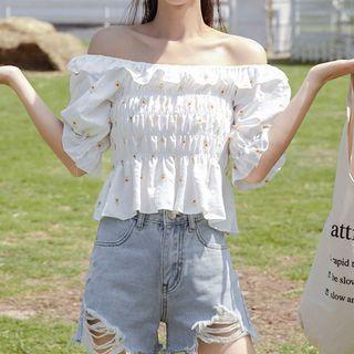 Off-shoulder Ruffle Trim Ruched Floral Print Cropped Top White - One Size