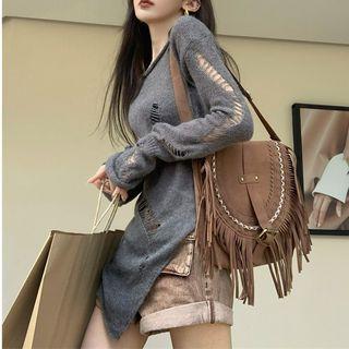 Long-sleeve Round Neck Distressed Knit Top / Rolled Denim Shorts