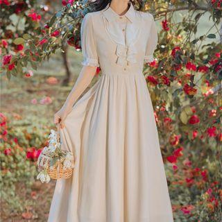 Short-sleeve Ruffled Collared Midi A-line Dress