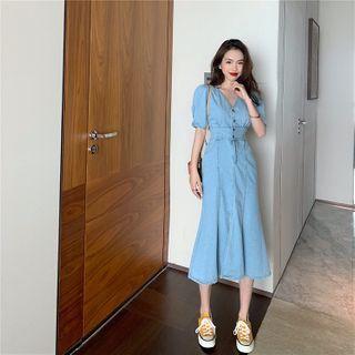 V Neck Denim Puff-sleeve Split Dress