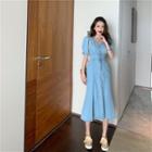 V Neck Denim Puff-sleeve Split Dress