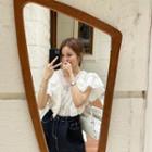 Flutter-sleeve Lace-trim Top White - One Size