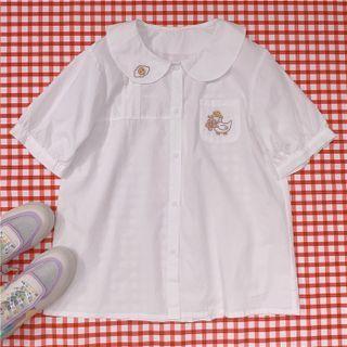 Short-sleeve Cartoon Embroidered Peter Pan Collar Shirt White - One Size