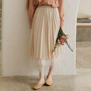 Midi Accordion Pleat Mesh Skirt Champagne - One Size