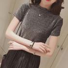 Short-sleeve Lace Panel Glitter Top