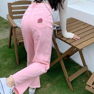 Mid Waist Peach Embroidered Wide Leg Jeans