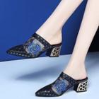 Floral Embroidered Mesh Panel Block Heel Mules