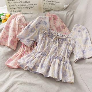 Eyelet Square-neck Floral Crop Blouse