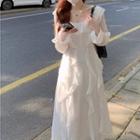 Bell-sleeve Ruffled Midi A-line Dress White - One Size