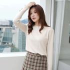 Metallic-button Slit-cuff Knit Top
