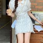 Short-sleeve Ruffle Blouse / Flower Print Mini Overall Dress