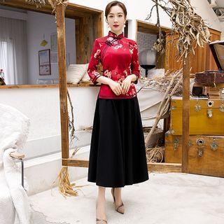 Floral 3/4-sleeve Qipao Top / Midi A-line Skirt / Set