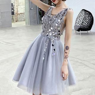 Sleeveless Sequined A-line Short Evening Dress