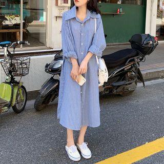 Long-sleeve Striped Loose-fit Shirtdress Blue - One Size