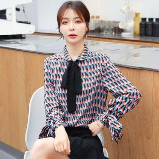 Long-sleeve Geometric Print Tie-neck Chiffon Blouse
