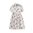 Elbow-sleeve Animal Print A-line Shirtdress