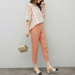 Set: Striped Elbow-sleeve Blouse + Cropped Pants