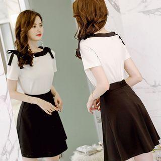 Set: Bow Short-sleeve Top + A-line Skirt