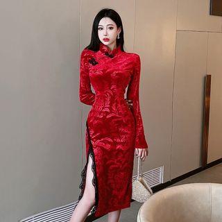 Mock-neck Printed Lace Button-up Skinny Split Dress