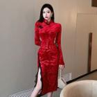 Mock-neck Printed Lace Button-up Skinny Split Dress