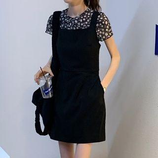 Short-sleeve Floral Print T-shirt / Mini A-line Pinafore Dress